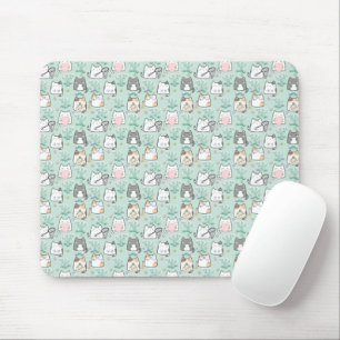 Kawaii Cute Cats & Flower Pattern Green Background Mouse Pad