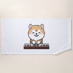 Kawaii Cute Dog Playing Piano Keyboard Beach Towel