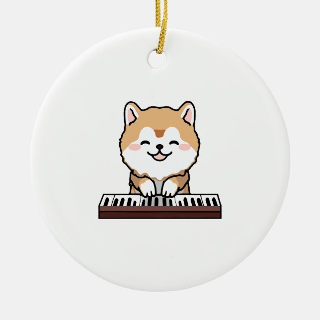Kawaii Cute Dog Playing Piano Keyboard Ceramic Tree Decoration (Front)