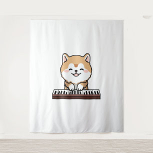 Kawaii Cute Dog Playing Piano Keyboard Tapestry