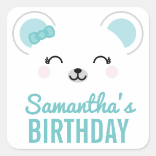 Kawaii Cute Girl Polar Bear Birthday Party Favour Square Sticker