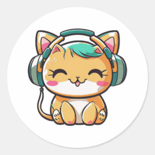 Kawaii Cute Happy Colourful Cat with Headphones Classic Round Sticker
