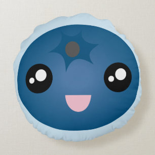 Kawaii Cute Happy Face Blue Berry Emoji Round Cushion