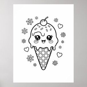 Kawaii cute ice cream cone colouring poster