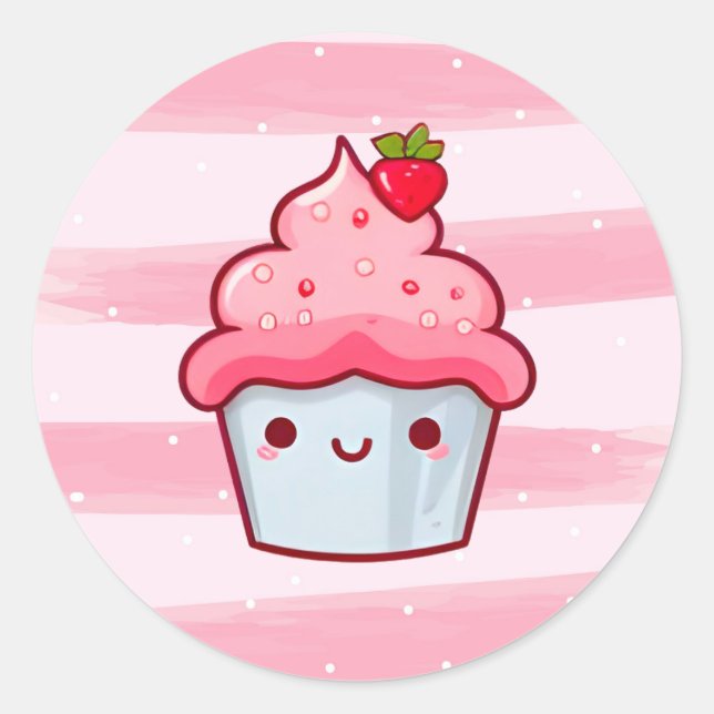 Kawaii cute Japanese pink cartoon cupcake food Classic Round Sticker (Front)
