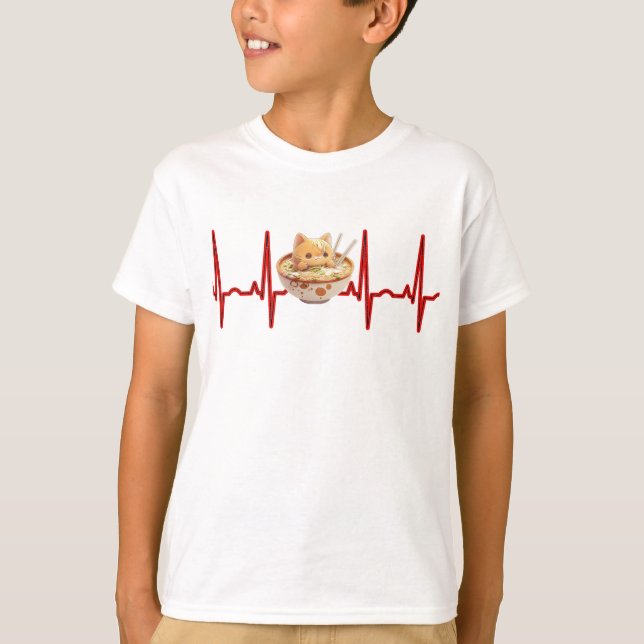 Kawaii Cute Kitten Ramen EKG Heartbeat Otaku Anime T-Shirt (Front)
