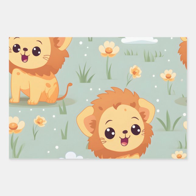 Kawaii Cute Lion Cubs Wrapping Paper Sheet (Front)