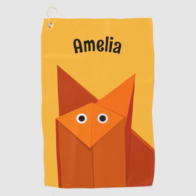 Kawaii Cute Origami Fox Geometric Yellow Kids Name Golf Towel (Front)