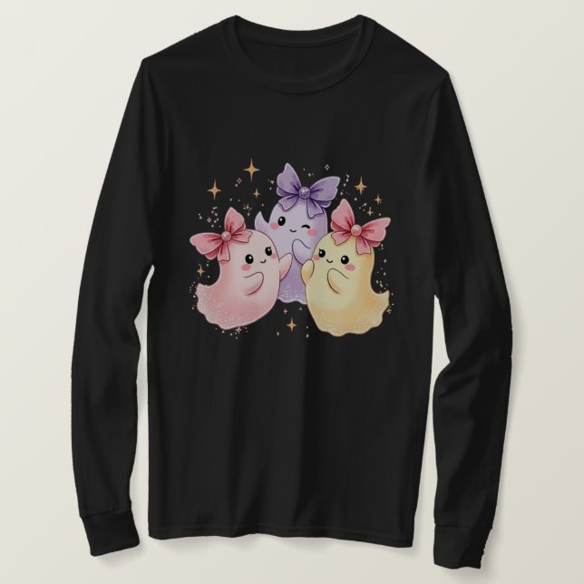 Kawaii Cute Pastel Ghosts with Bows T-Shirt (Design Front)