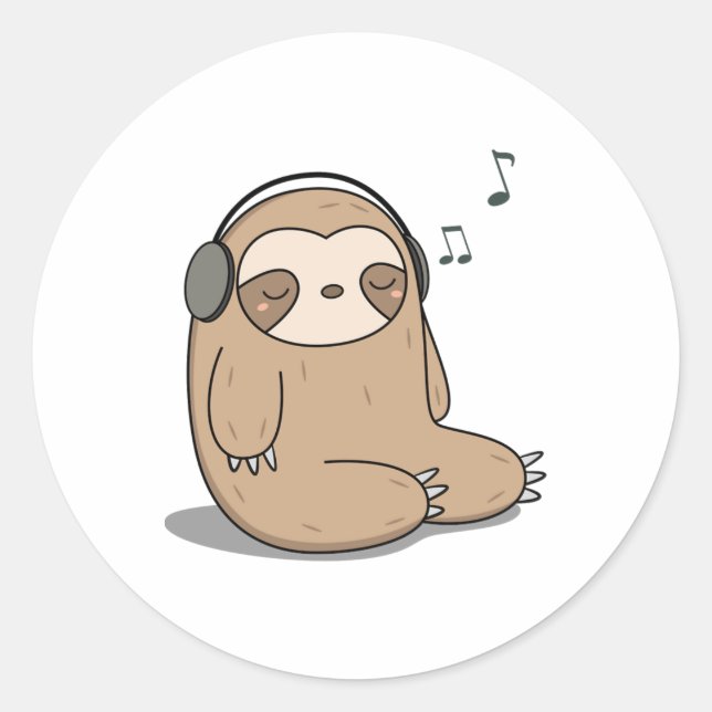 Kawaii Cute Sloth Listening To Music  Classic Round Sticker (Front)