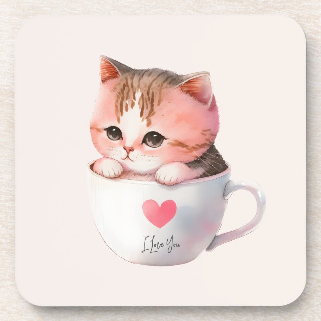 Kawaii Cute Striped Pink Chibi Cat Coaster (Front)