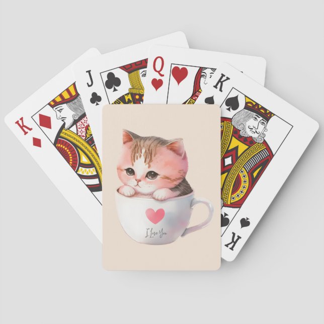 Kawaii Cute Striped Pink Chibi Cat Playing Cards (Back)