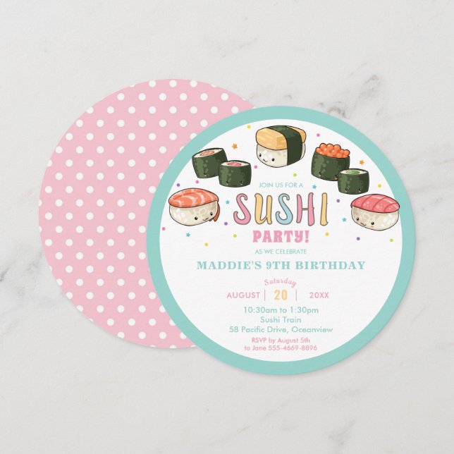 Kawaii Cute Sushi Party Girl Birthday Invitation (Front/Back)