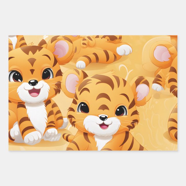 Kawaii Cute Tiger Cubs Wrapping Paper Sheet (Front)