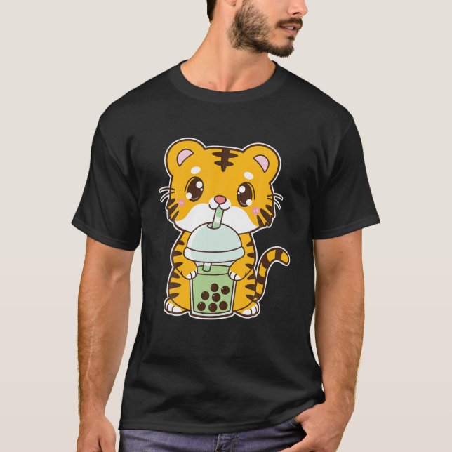 Kawaii Cute Zodiac Boba Tiger Matcha Green Bubble T-Shirt (Front)
