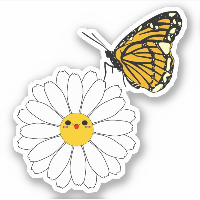 Kawaii Daisy with Butterfly Vinyl Sticker (Front)