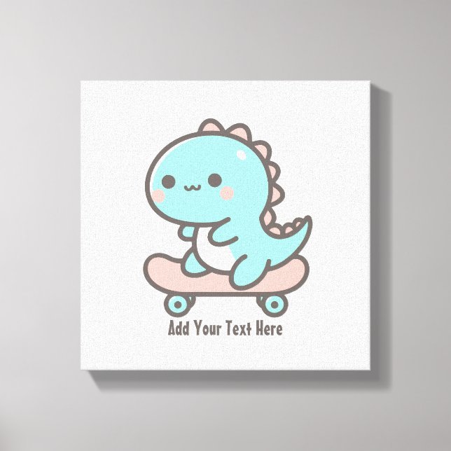 Kawaii Dino on Skateboard Personalised Text  Canvas Print (Front)