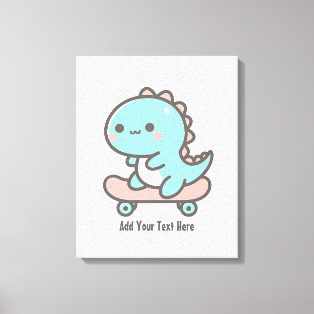 Kawaii Dino on Skateboard Personalised Text  Canvas Print (Front)