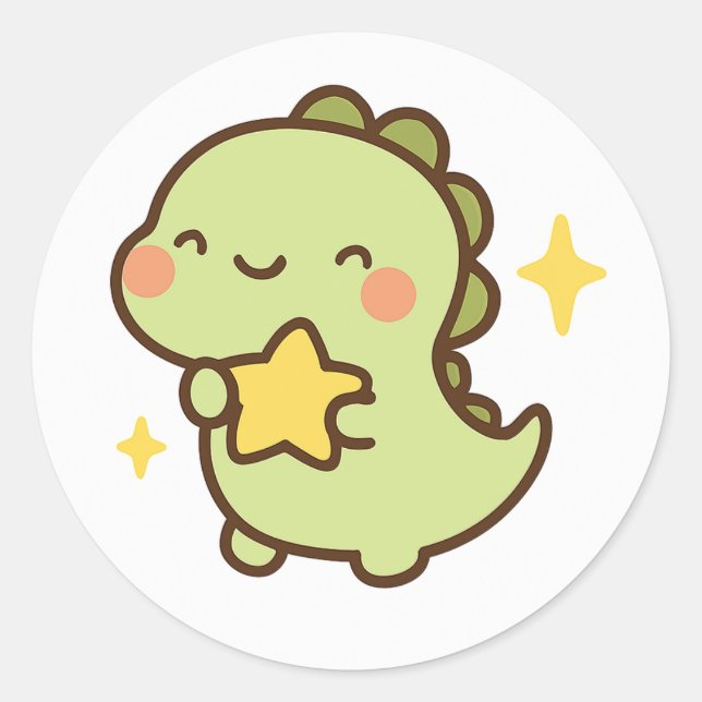 Kawaii Dinosaur Holding Star Sticker (Front)