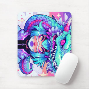 Kawaii Dragon Headdress Girl in Vaporwave Skies Mouse Pad