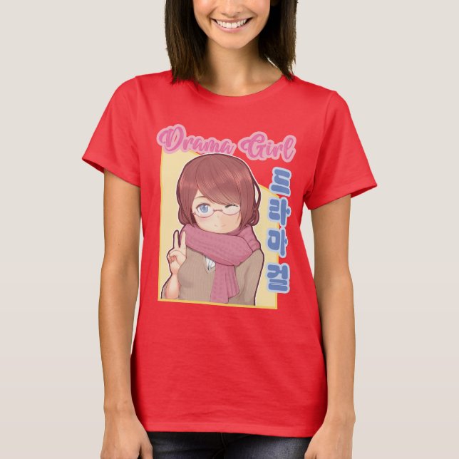 Kawaii Drama Girl with Korean Hangul Aesthetic T-Shirt (Front)