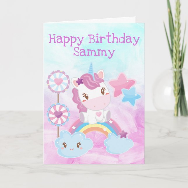 Kawaii Dreamy Unicorn Rainbow Cloud Happy Birthday Card (Front)