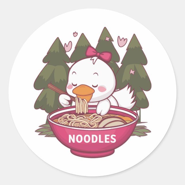 Kawaii duck eating ramen classic round sticker (Front)