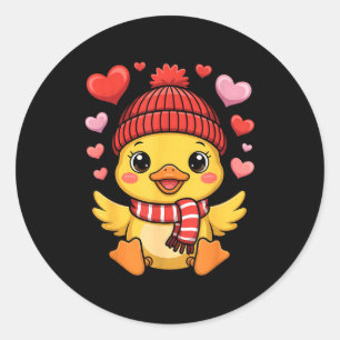 Kawaii Duck Valentines Day Hearts Winter Scarf Classic Round Sticker