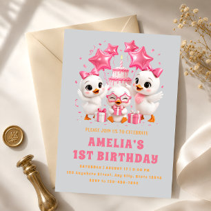 Kawaii Ducklings First Birthday Celebration Invitation