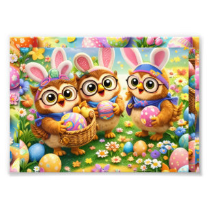 Kawaii Easter bunny owl trio spring art print de