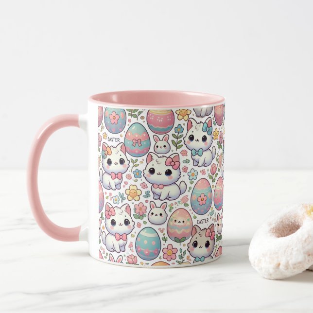 Kawaii Easter Cat Mug – Cute Kitty  Colourful eggs (With Donut)