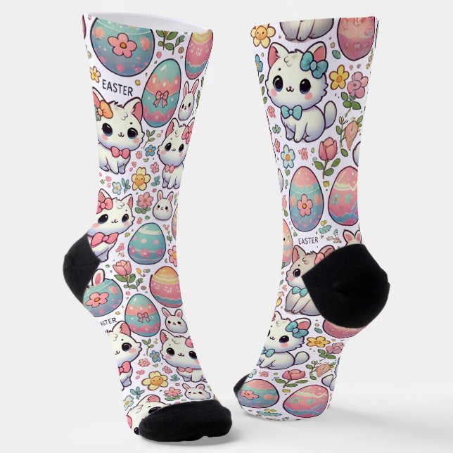Kawaii Easter Cat Socks Cute Kitty & Colourful Egg (Angled)