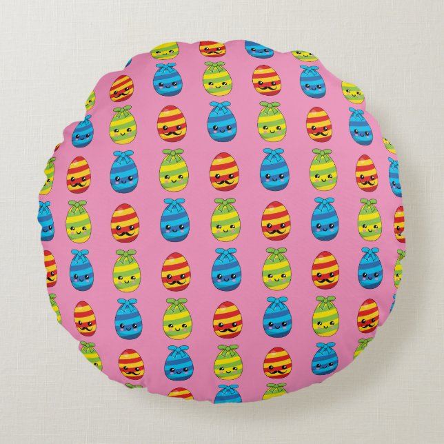Kawaii Easter Eggs with Ribbons Round Cushion (Front)