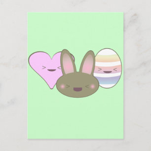 KAWAII EASTER TRIO BUNNY CHOCOLATE EGG HEART HAPPY HOLIDAY POSTCARD