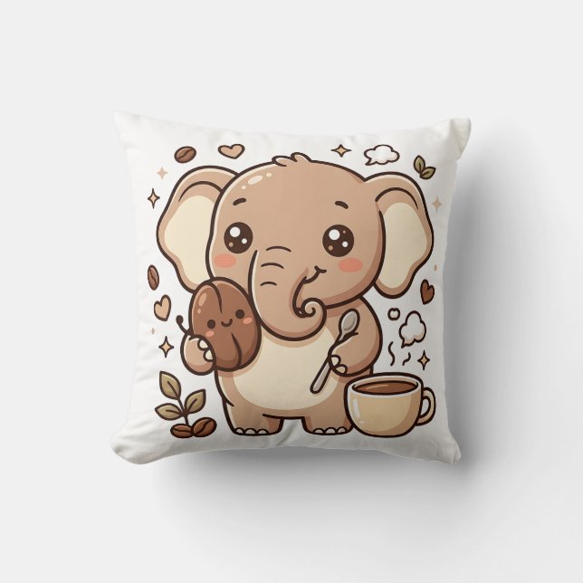 Kawaii Elephant Throw Pillow - Cute Coffee Charact (Front)