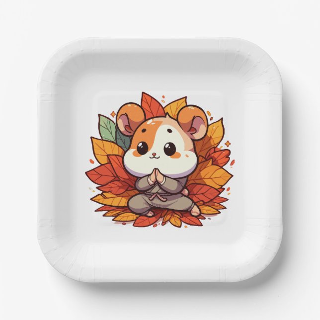 Kawaii fall hamster yoga paper plate (Front)