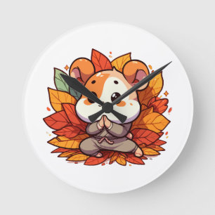 Kawaii fall hamster yoga round clock