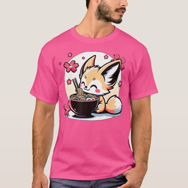 Kawaii Fennec Fox Eating Ramen T-Shirt (Front)