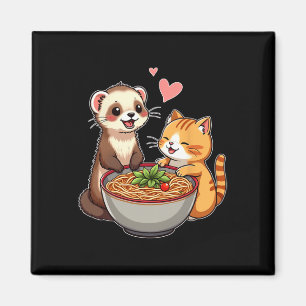Kawaii Ferret And Cat Eating Ramen Cute Japanese A Magnet