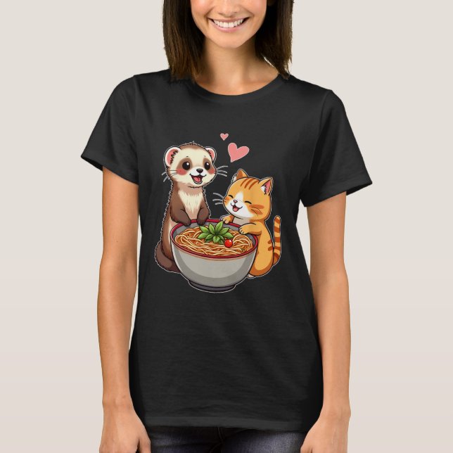 Kawaii Ferret And Cat Eating Ramen Cute Japanese A T-Shirt (Front)