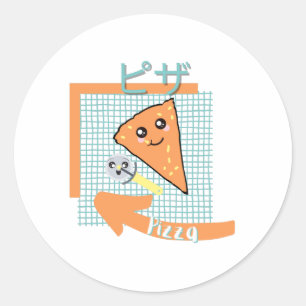 kawaii food- cute pizza, orange, turquoise classic round sticker