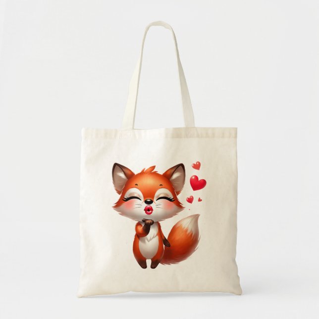 Kawaii Fox Art with Hearts Tote Bag (Front)