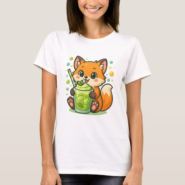 Kawaii Fox with Matcha Latte – Cute Green Tea T-Shirt (Front)