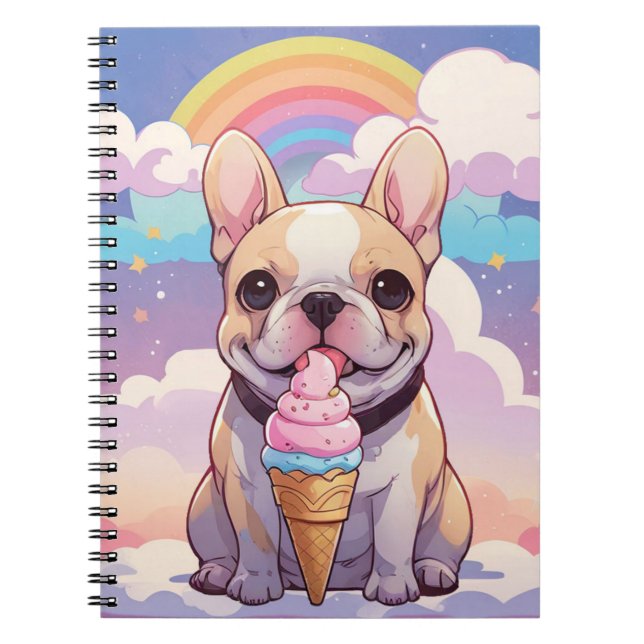 Kawaii French Bulldog Ice cream Rainbow Notebook (Front)