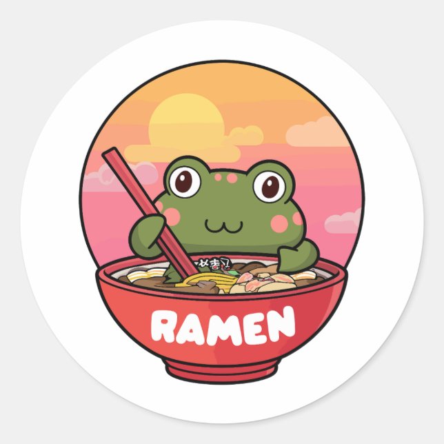 Kawaii frog eating ramen classic round sticker (Front)