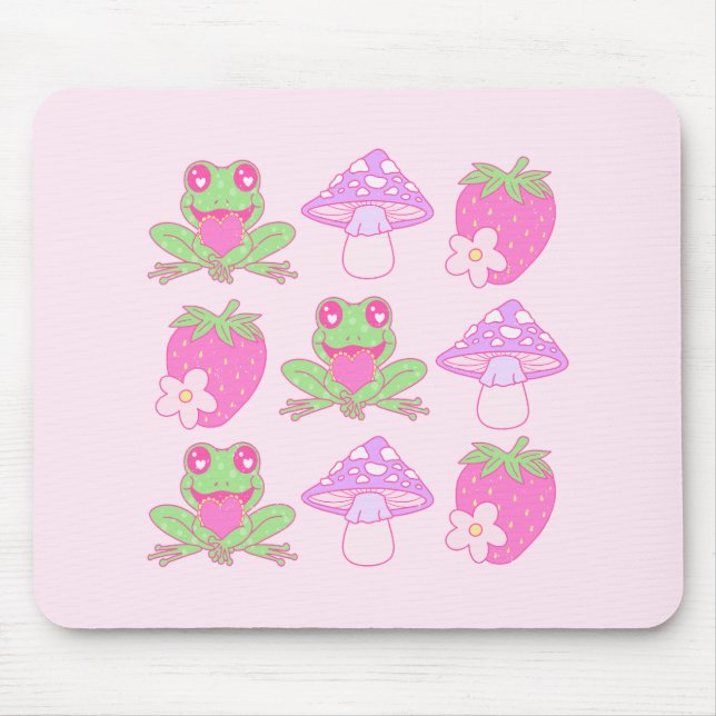 Kawaii Frog, Mushroom, and Strawberry Mouse Pad (Front)