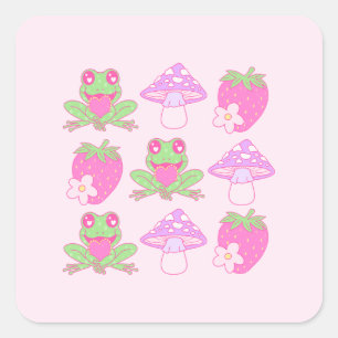Kawaii Frog, Mushroom, and Strawberry Square Sticker