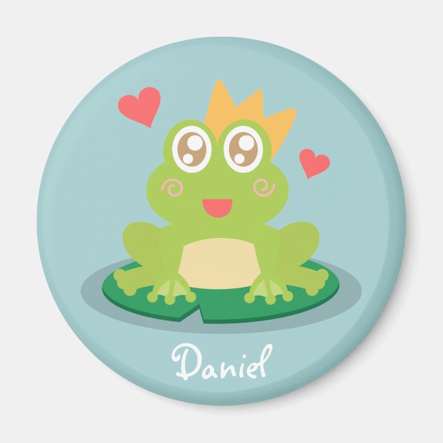 Kawaii frog with sparkling eyes on a lily pad magnet (Front)