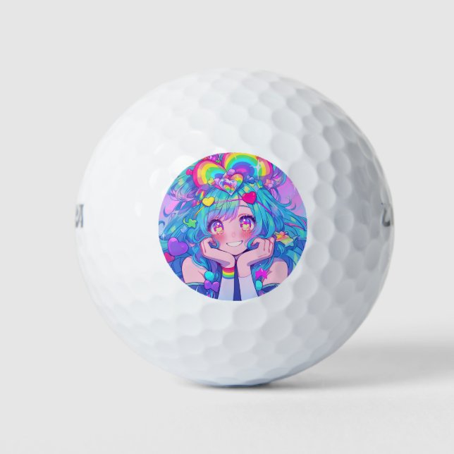 Kawaii Fun Rainbow Anime Girl Golf Balls (Front)
