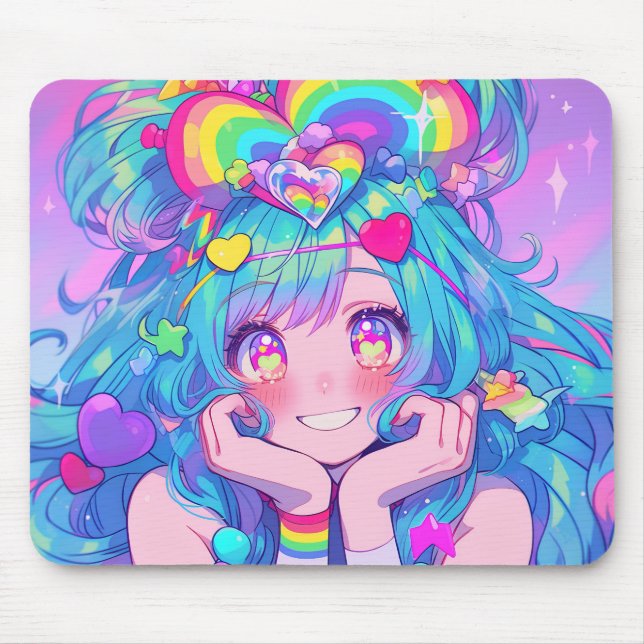 Kawaii Fun Rainbow Anime Girl Mouse Pad (Front)